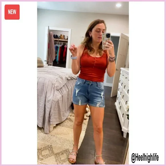 High Waisted Distressed Denim Shorts with Rolled Hem, Ripped Design - Picture 8 of 8